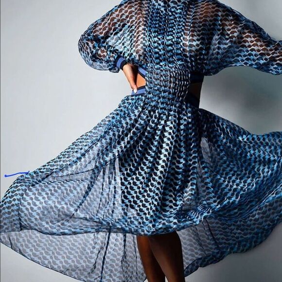 Runway Skirts Blue Halter Neckline Long Sleeves Cut Out Ankle Lenght Dress S - Picture 1 of 14